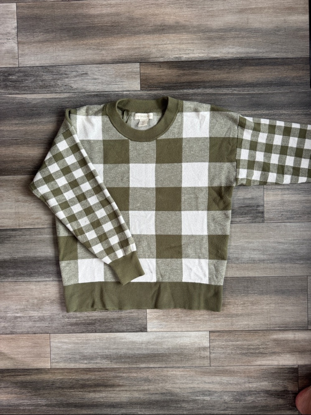Cynthia Rowley Olive and Cream Checkered Crewneck Sweater